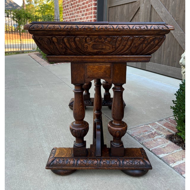 Brown Antique French Writing Desk Table Renaissance Revival Dolphin Style Carved Oak For Sale - Image 8 of 13