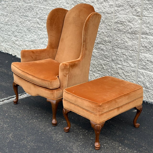 Ethan Allen Vintage Ethan Allen Wingback Lounge Chair & Ottoman Set in Burnt Orange Velvet Upholstery For Sale - Image 4 of 12