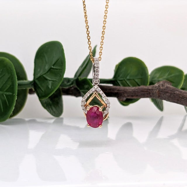 Ruby Pendant W Earth Mined Diamonds in Solid 14k Dual Tone Gold | Oval 6x4mm For Sale - Image 4 of 10