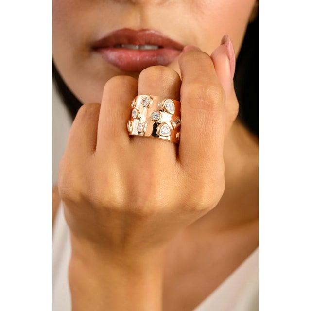 Bold Wide Band Silver Ring With Mixed Shape Cubic Zirconia- Size 7.5 For Sale - Image 6 of 9