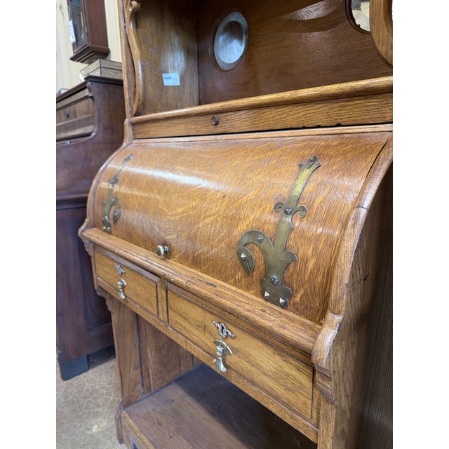 Early 20th Century Oak Cylinder Roll Secretary Desk For Sale - Image 4 of 12