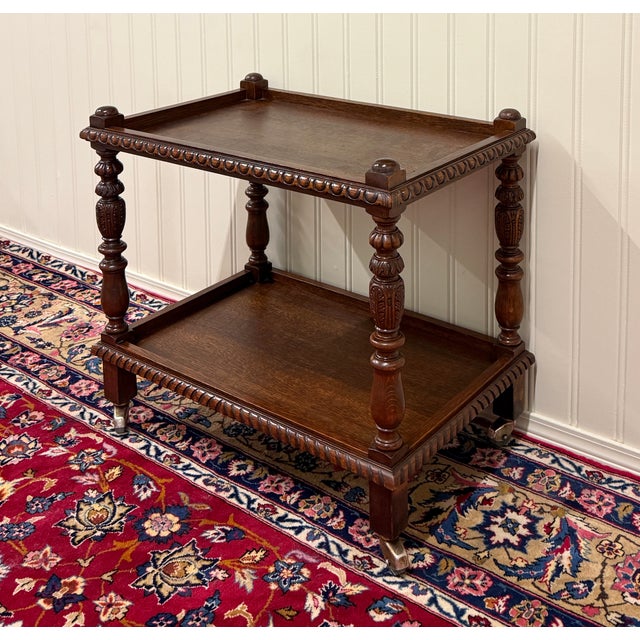 Antique French Trolley Tea Cart Pastry Cart Dumbwaiter 2-Tier Oak C. 1930s For Sale - Image 4 of 18