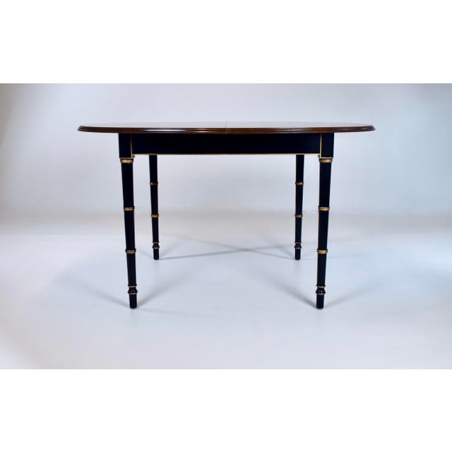 1970s Baker Furniture Faux Bamboo Extendable Dining Table Black Lacquer With Gold Accents For Sale - Image 5 of 14