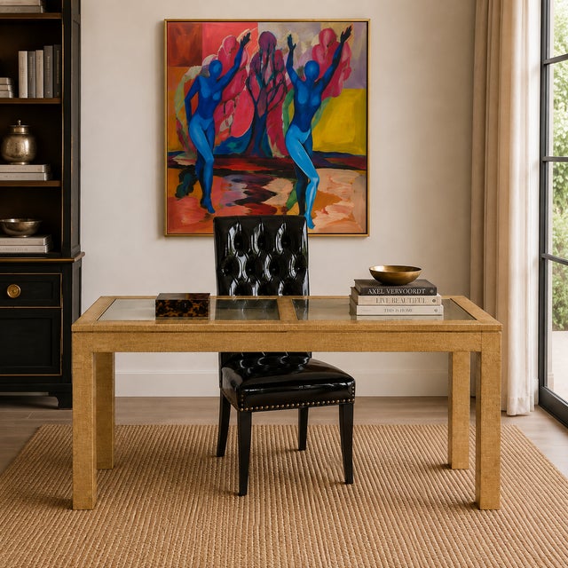 1970s Karl Springer Style Organic Modern Grasscloth Ming Form Dining Table or Desk For Sale In Atlanta - Image 6 of 10
