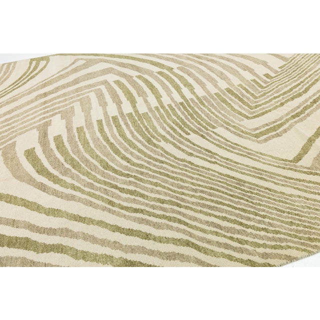Contemporary Abstract Geometric Wool Area Rug – Olive Green & Cream Modernist For Sale - Image 4 of 12