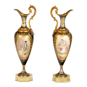 Pair Antique French Sevres Porcelain Champleve Ormolu Ewers Signed Rochette 1890