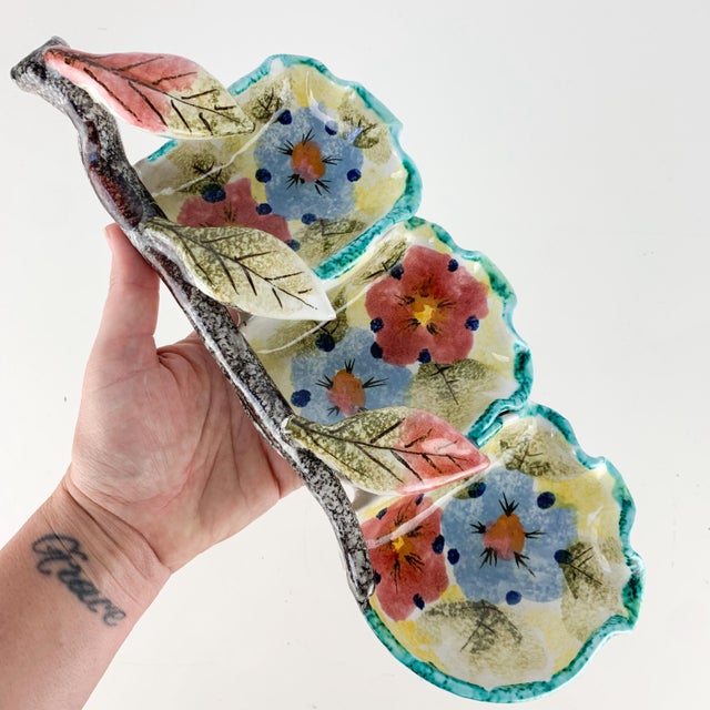 Olive Vintage Italian Divided Floral Pottery Nut Dish Hand Painted Signed Numbered For Sale - Image 8 of 10
