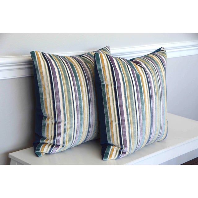 Contemporary FirmaMenta Italian Blue Stripes Velvet Pillow For Sale - Image 3 of 7