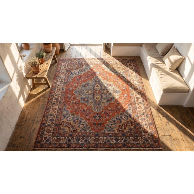 Red 1880s Red Medallion Rustic Antique Persian Tabriz Rug 4'0" X 5'10" Handknotted Wool Carpet For Sale - Image 8 of 9