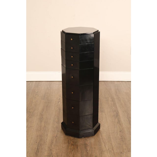 High Quality Vintage Maitland Smith Narrow Chest Featuring A Tall Octagonal Form With Multiple Drawers. Finished In Black...