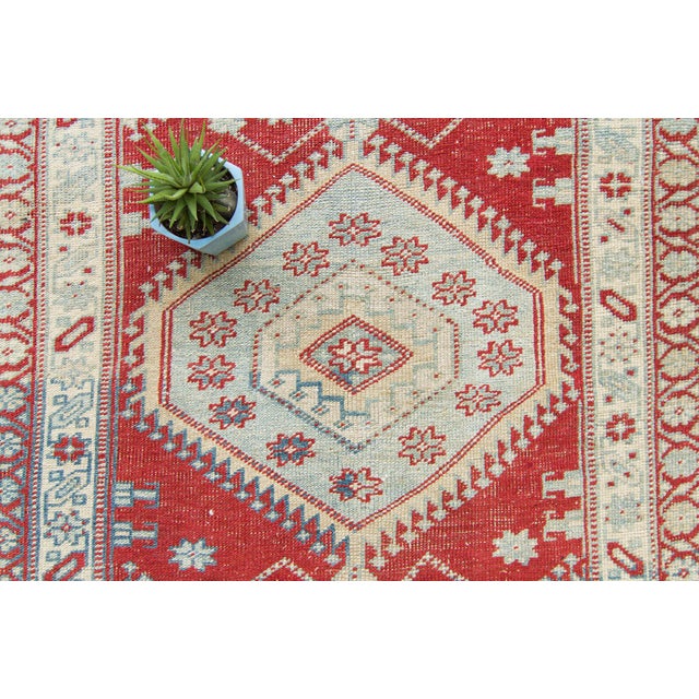 1940s Vintage Medallion Brick Red Blue Cream Hand-Knotted Long Runner - 3’6” X 14’8” For Sale - Image 5 of 10