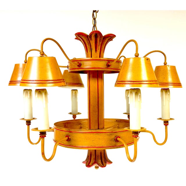 Mid 20th Century Hollywood Regency Ochre Japanned Faux Bamboo Tole Six-Light Chandelier For Sale - Image 15 of 18