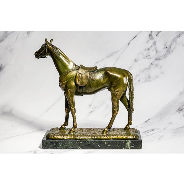 Stately Large Equestrian Antique Saddled Horse Statue Sculpture Cast Metal Marble Base Country Home Decor For Sale - Image 9 of 16