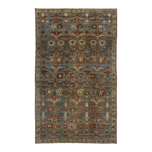 Exquisite Antique Bidjar Style Hand-Knotted Wool Rug in Muted Steel Blue and Rust For Sale