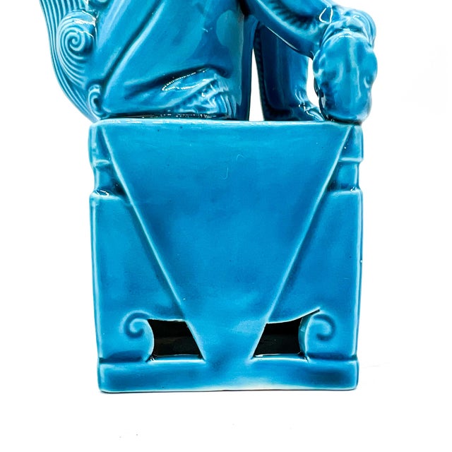 Ceramic Vintage Chinese Turquoise Blue Glazed Foo Dog – Guardian Lion – Hollywood Regency / Chinoiserie For Sale - Image 7 of 11