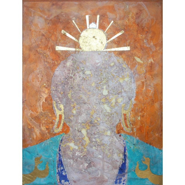 Contemporary "Saffron Effulgence". Contemporary Buddha Oil Painting with Gold Leaf For Sale - Image 3 of 3