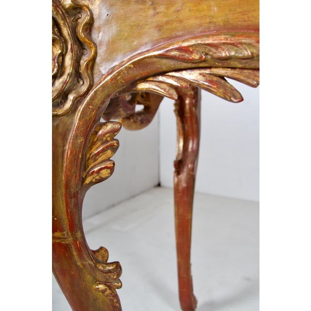 Flamboyant Pair of Painted and Gilded Consoles, Faux Marble Top, Haute Hollywood For Sale - Image 4 of 12