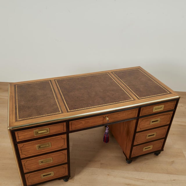 Tan Vintage Campaign Style Leather Top Desk by Baker Collectors Edition For Sale - Image 8 of 17