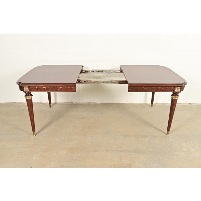 Maison Jansen Style French Regency Louis XVI Mahogany and Gilt Bronze Extension Dining Table, Newly Refinished For Sale In South Bend - Image 6 of 15