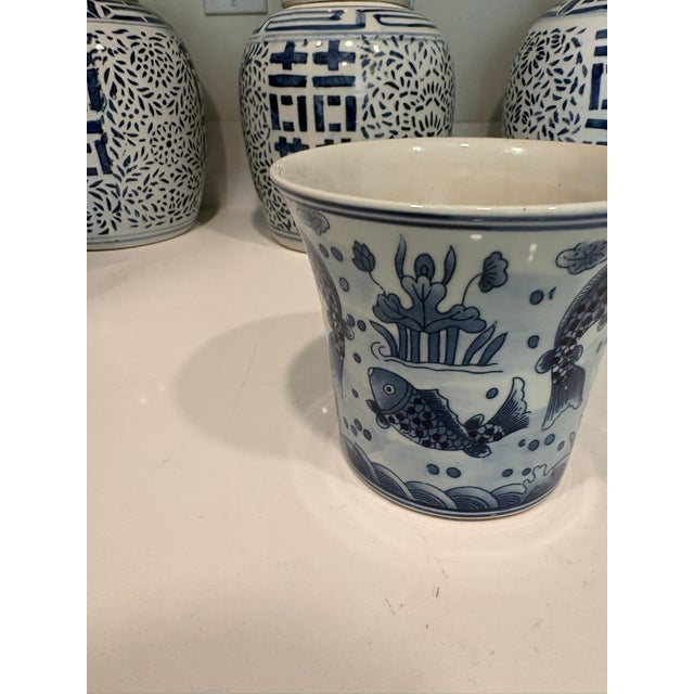 Chinese Vintage Blue and White Koi Fish Ceramic Cachepot Planter For Sale - Image 3 of 7