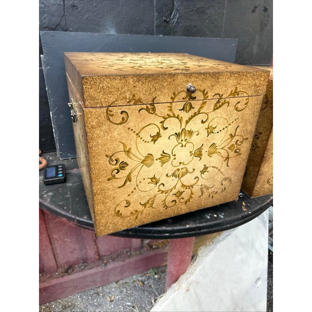 Wood Vintage Mid-Century Italian Florentine Style 16” Square Wooden Hanging File Boxes With Velveteen Interiors - A Pair For Sale - Image 7 of 10