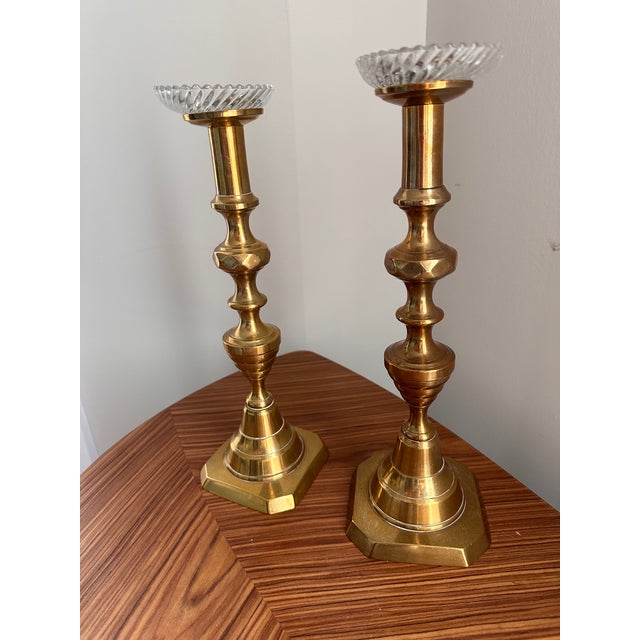 Vintage Solid Brass Octagonal Candlesticks With Swirl Glass Bobeches, Pair For Sale - Image 11 of 13