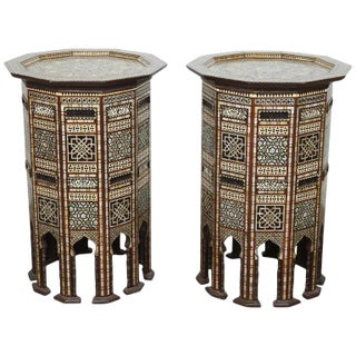 Pair of Antique Ottoman Moorish Abalone Mother-of-Pearl Inlaid Pedestal Tables For Sale
