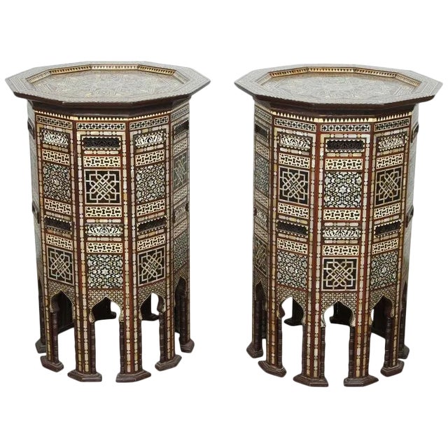 Pair of Antique Ottoman Moorish Abalone Mother-of-Pearl Inlaid Pedestal Tables For Sale