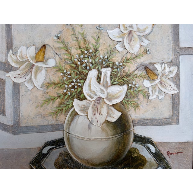 Vintage Ramon Textured Floral Still Life Painting Lilies Framed Canvas Art For Sale - Image 12 of 12