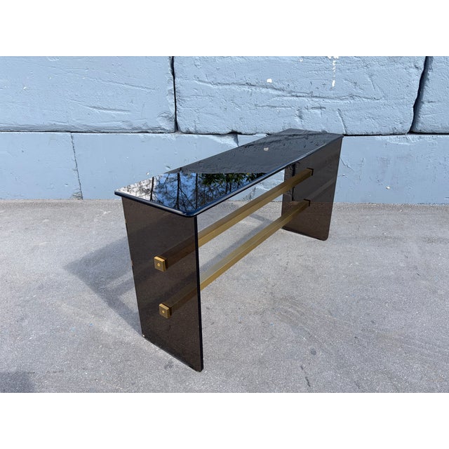 1970s Mid Century Modern Dark Glass and Brass Console Table, Sofa Table For Sale - Image 12 of 16