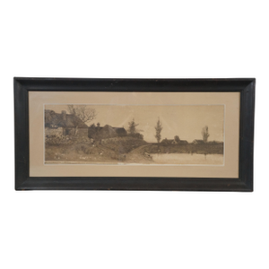 Late 19th Century Antique Edward Loyal Field Thatched Stone Cottage Country Landscape Etching 27", Framed