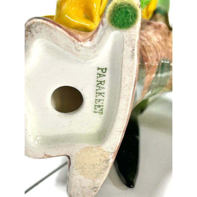 Mid Century Porcelain Parakeet Sculpture – Chinoiserie Bird Figurine on Wood Base For Sale - Image 11 of 12