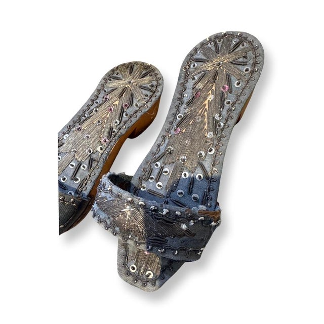 Antique Pair of Super Decorative wooden clogs, hand-embroidered with silver threads.