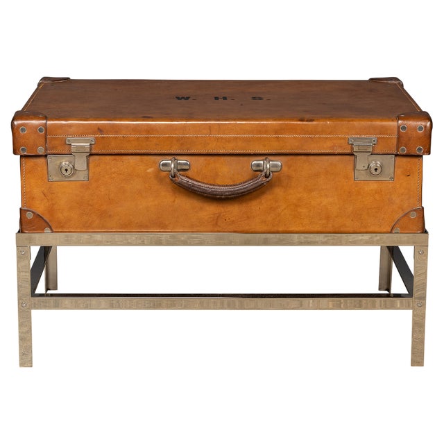 English Leather Trunk on Metal Stand, 1910s For Sale