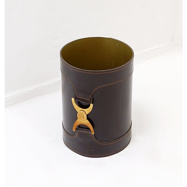 Brown Leather Wastebasket with Decorative Brass Buckle For Sale - Image 10 of 10
