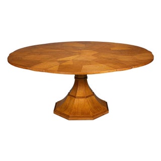 Transitional Round Dining Table, Medium - Light Brown Oak With Faceted Pedestal Base For Sale