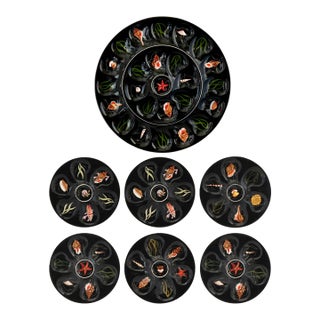 Mid 20th Century Quimper Guy Trévoux Black-Ground Oyster Service — Master W/ 6 Plates For Sale