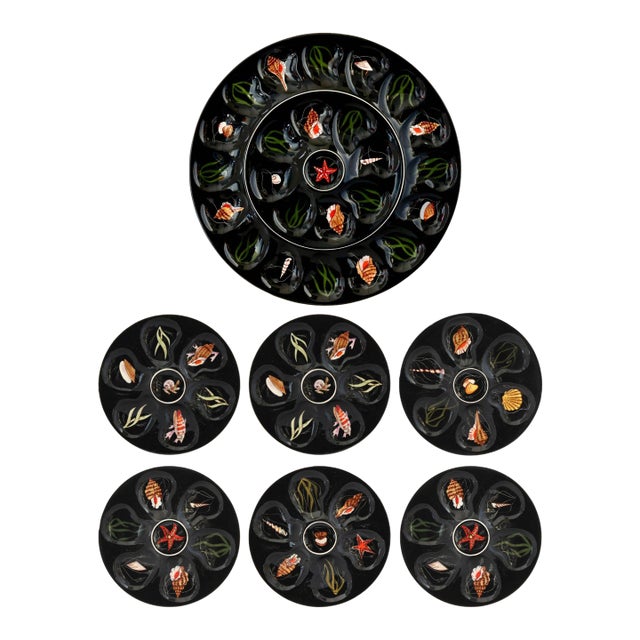 Mid 20th Century Quimper Guy Trévoux Black-Ground Oyster Service — Master W/ 6 Plates For Sale