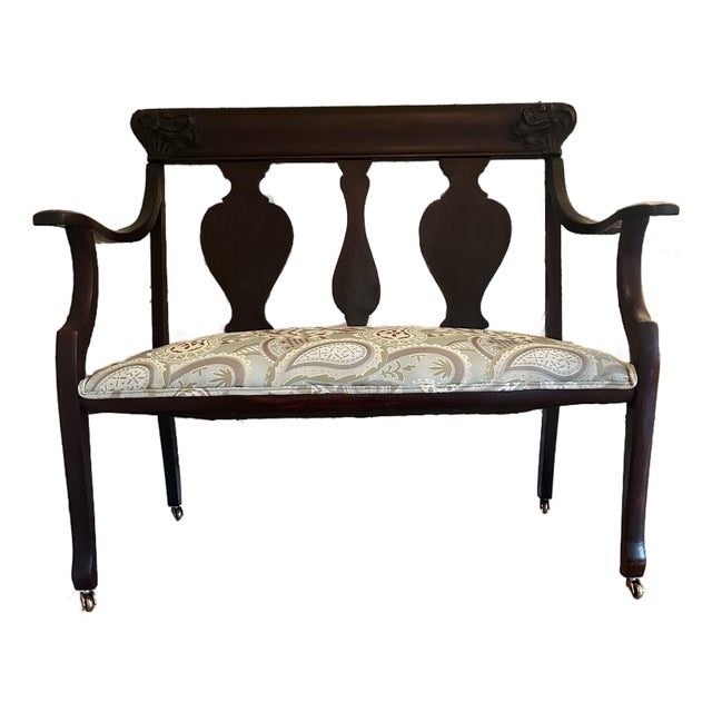 Early 20th Century American Classical Revival / Empire Revival Mahogany Settee With New Paisley Upholstery For Sale