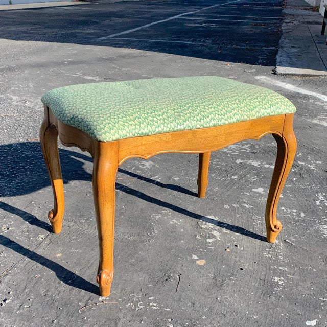 French Country French Country Bench With Green Upholstery For Sale - Image 3 of 7