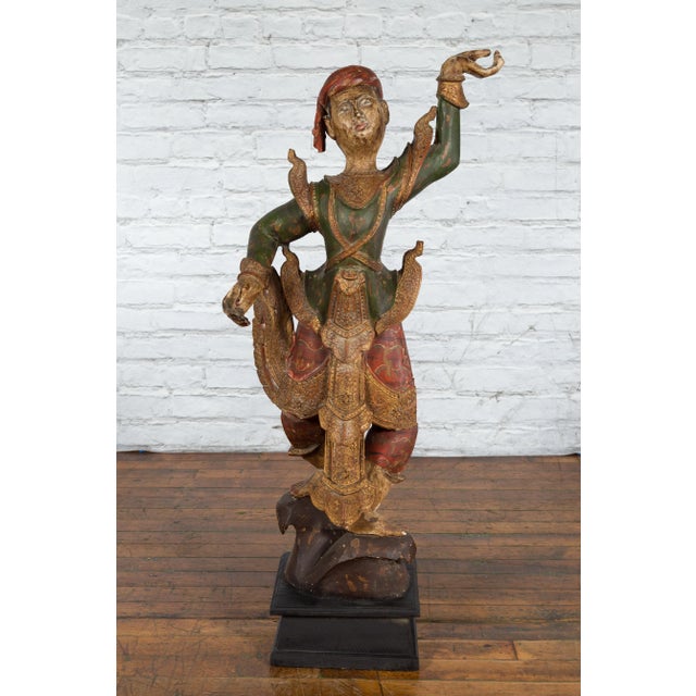 19th Century Balinese Hand-Carved & Painted Wooden Young Dancer Sculpture For Sale - Image 10 of 12