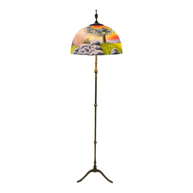 Early 20th Century Bronze Floor Lamp With Reverse Painted Glass Shade For Sale