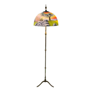 Early 20th Century Bronze Floor Lamp With Reverse Painted Glass Shade