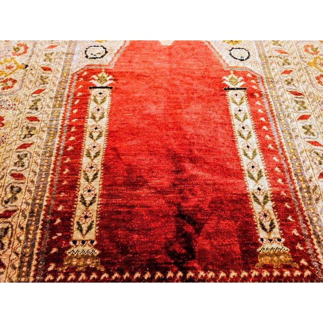 Antique Turkish Silk Prayer Area Rug, Late 19th Century, Red & Gold, 4' x 6' For Sale - Image 13 of 16