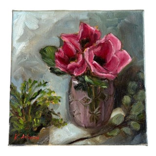 Impressionist Vintage Style Still Life Flower Painting, Oil “Pretty in Pink’ by American Artist Kristin Ashman. For Sale