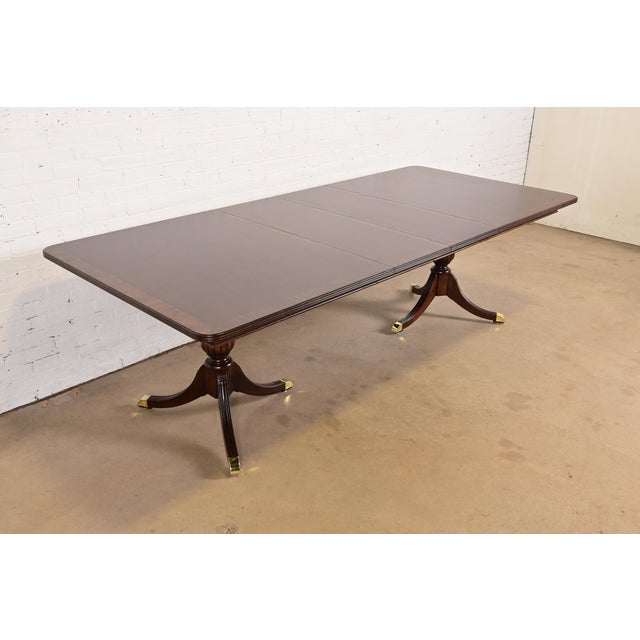 Baker Furniture Company Baker Furniture Style Georgian Banded Mahogany Double Pedestal Extension Dining Table, Newly Refinished For Sale - Image 4 of 13