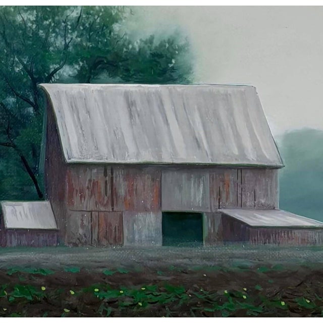Barn in the Rain by Michael Miller | Oil on panel of a barn in a rainy landscape For Sale - Image 4 of 5