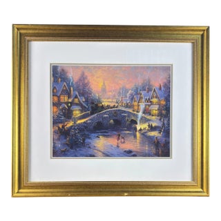 Vintage English Thomas Kinkade Certified Print, Snowy Village Scene For Sale