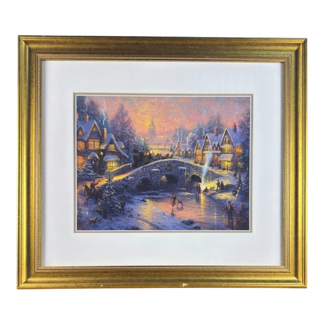 Vintage English Thomas Kinkade Certified Print, Snowy Village Scene For Sale