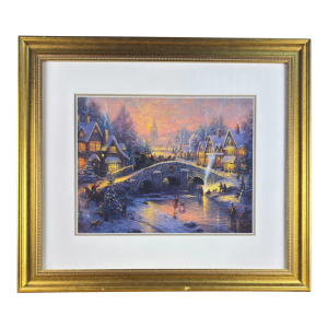 Vintage English Thomas Kinkade Certified Print, Snowy Village Scene